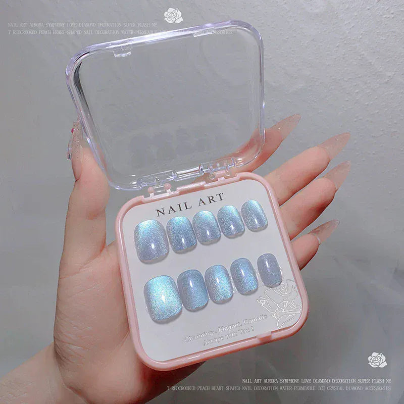 24pcs/box Crystal Cat Eye Shining Diamond Nail Patch Sparkling False Nail Press on Acrylic Nails Handmade Nail Wearing