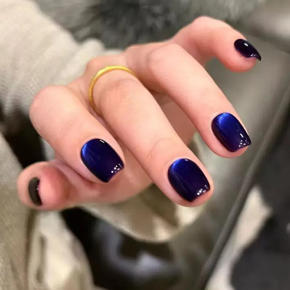 30Pcs Blue Cat eye Wearable Press on Nails Short Square Full Cover False Nails Artificial Ballet Reusable Fake Nails for Women