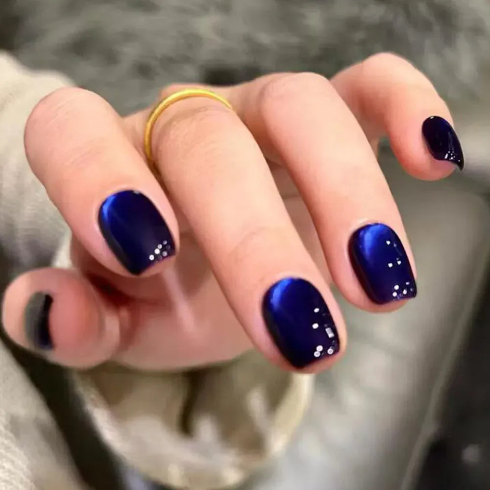 30Pcs Blue Cat eye Wearable Press on Nails Short Square Full Cover False Nails Artificial Ballet Reusable Fake Nails for Women